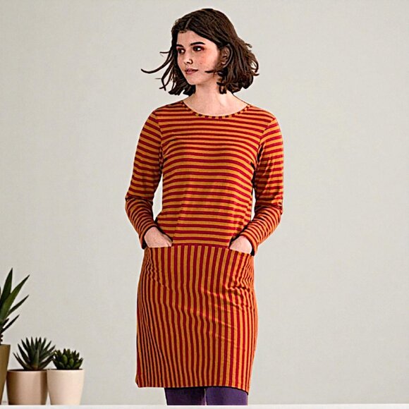 Gudrun Sjoden lilac eggplant striped pocket front artsy folk midi dress  W's L - Picture 9 of 9